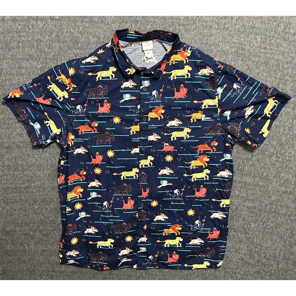 Disney Lion King Pride Lands Art Woven Shirt Mens XL Blue Timon Pumba Simba AOP